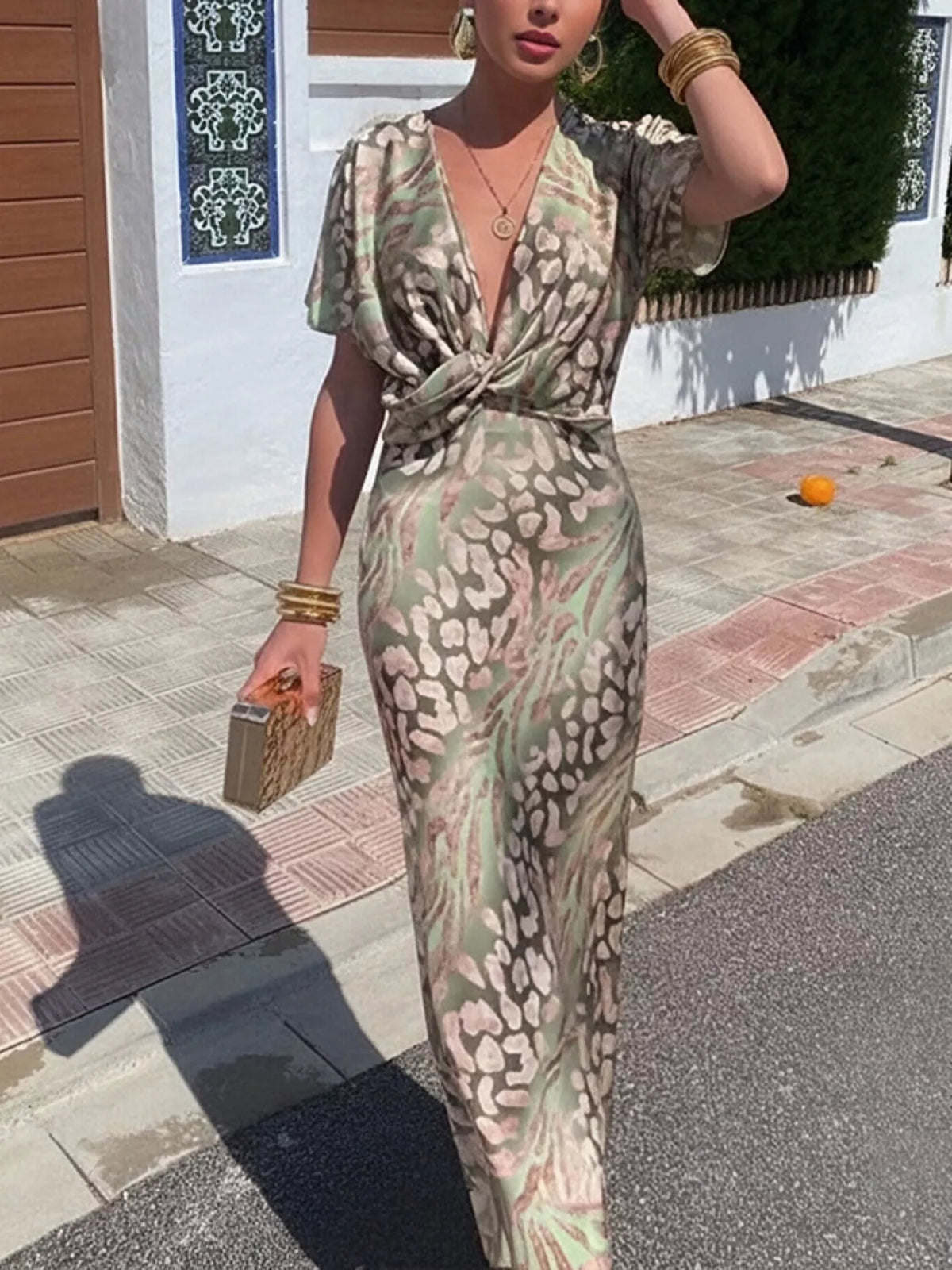 Twist-Front Animal Print Maxi Dress in Sage