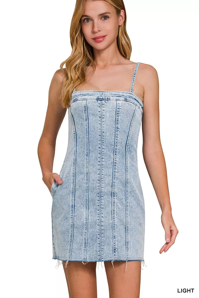 Zenana Spaghetti Strap Denim Dress in Light Wash