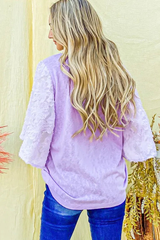 And The Why Feather-Detail Slub Top in Lilac
