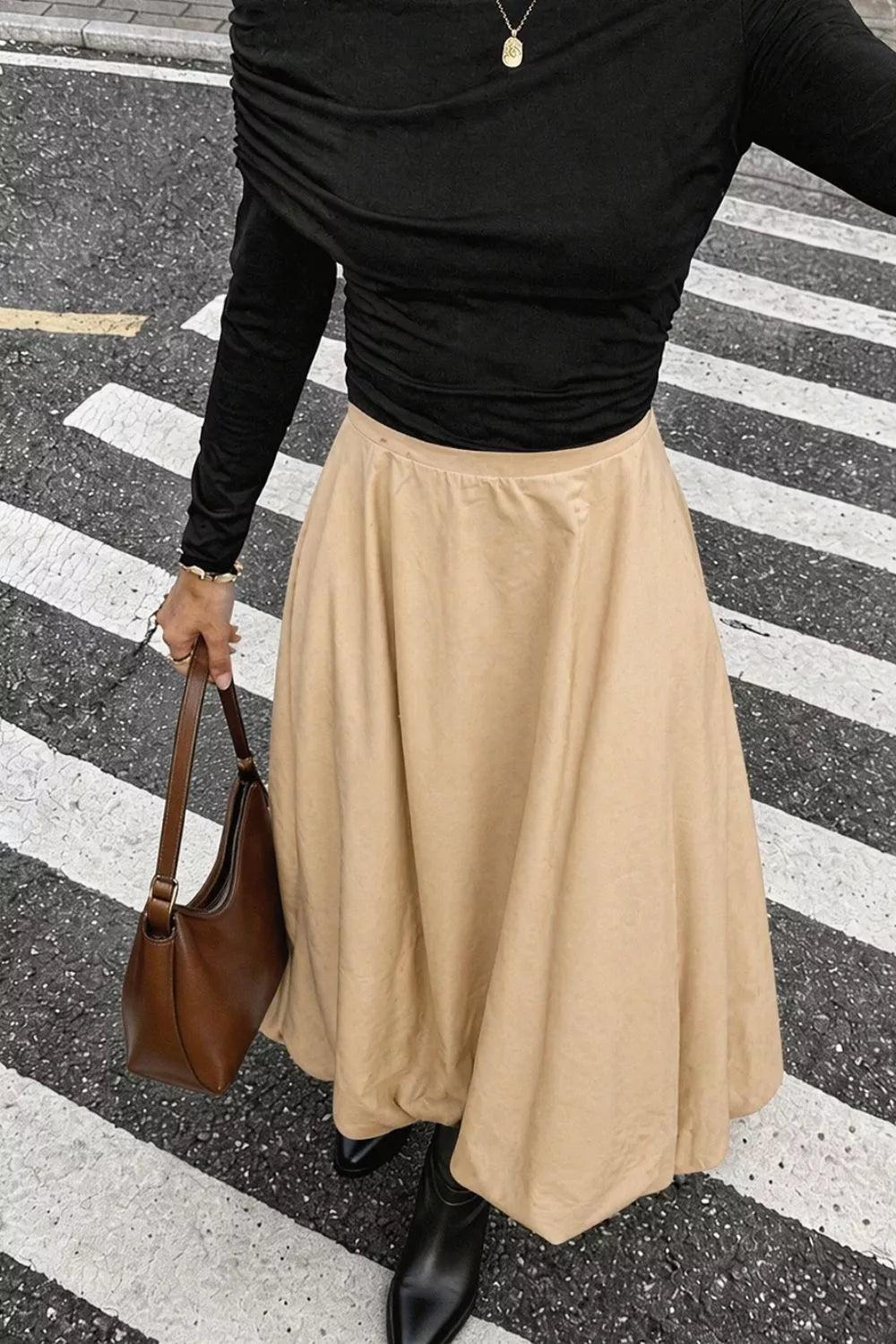 High-Waisted Ruched A-Line Midi Skirt in Tan