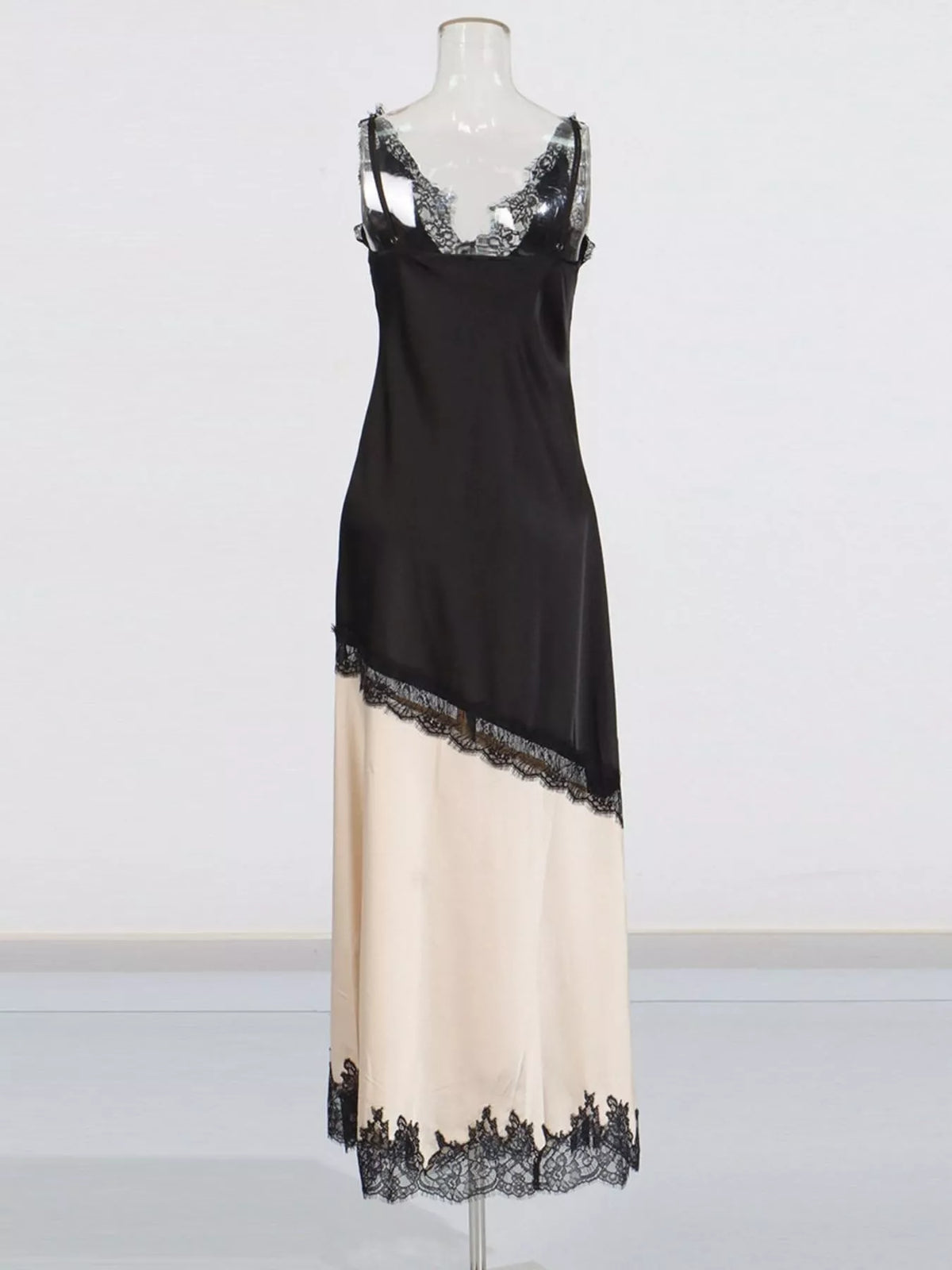 Lace-Trimmed Two-Tone Slip Dress in Black