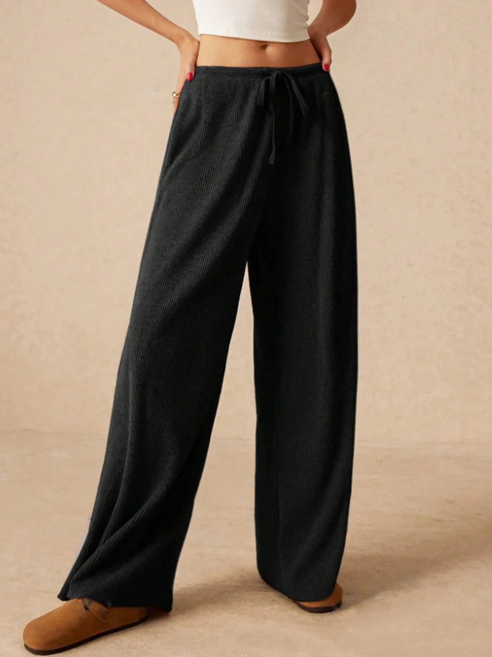 Ribbed Drawstring Wide-Leg Pants