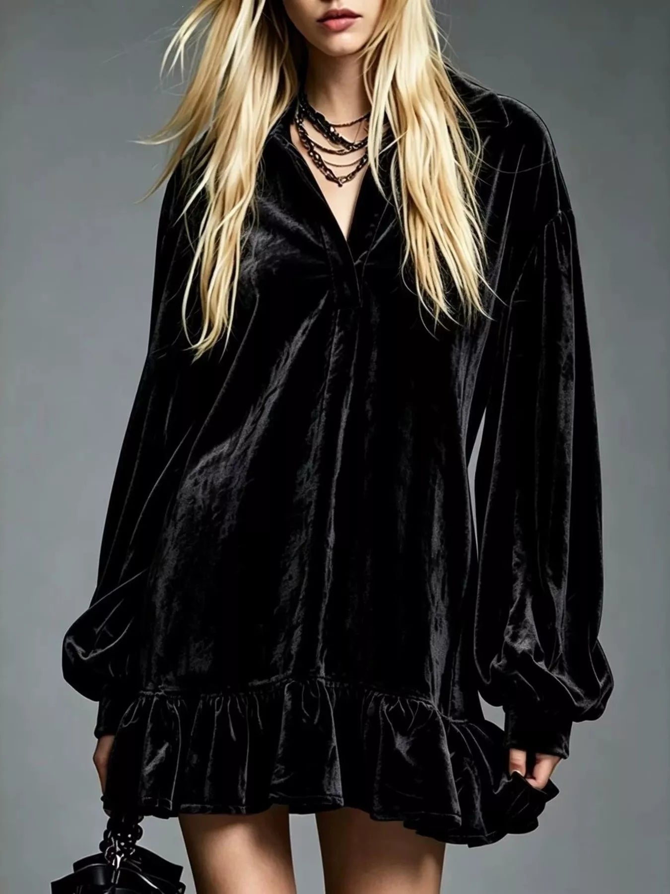 Velvet Ruffled-Hem Long Sleeve Dress