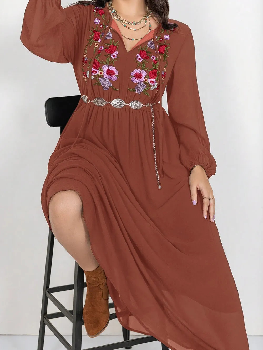 Plus Size Embroidered Tie-Neck Dress in Chestnut