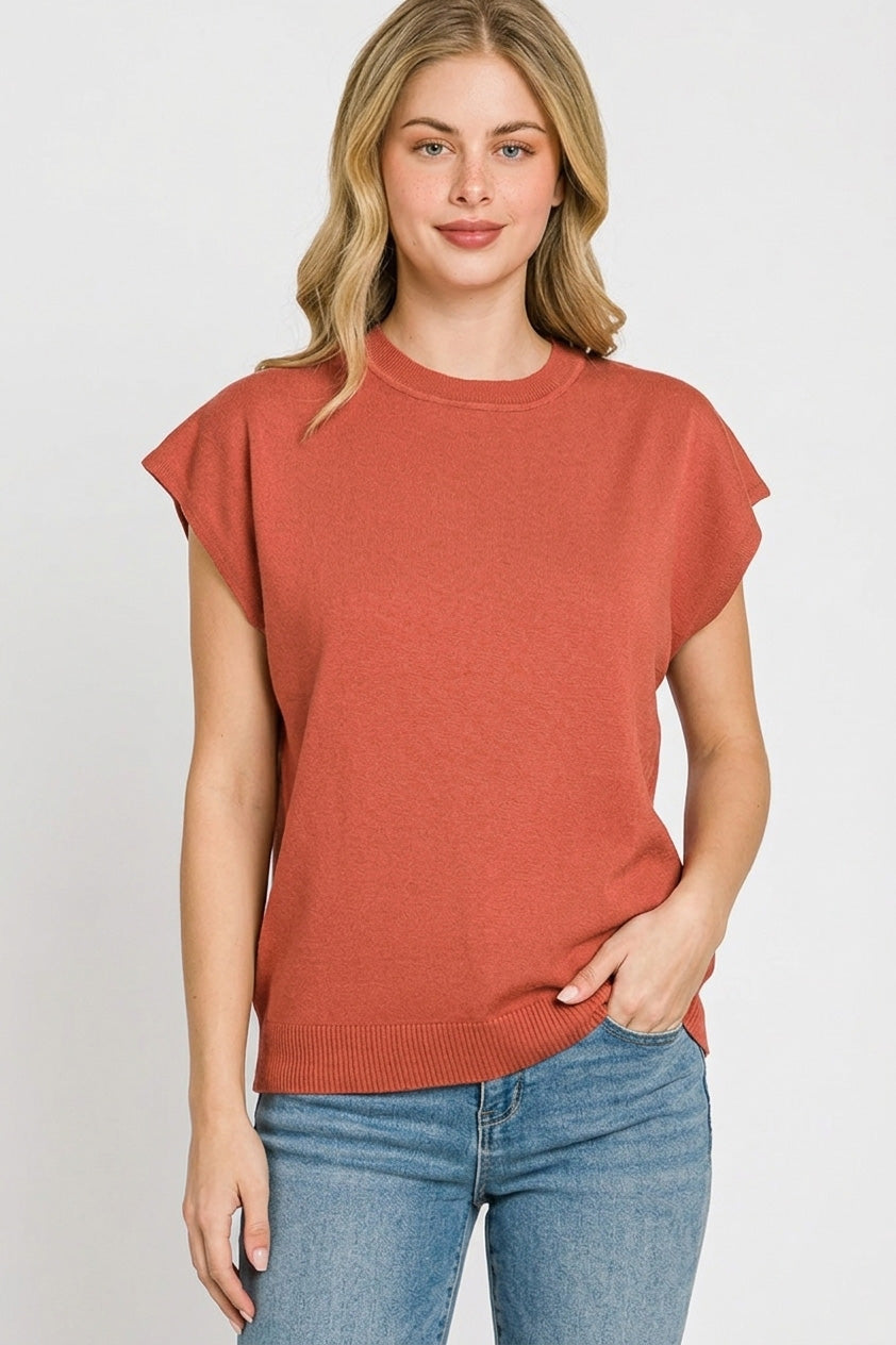 Zenana Round Neck Short Sleeve Sweater in Rust