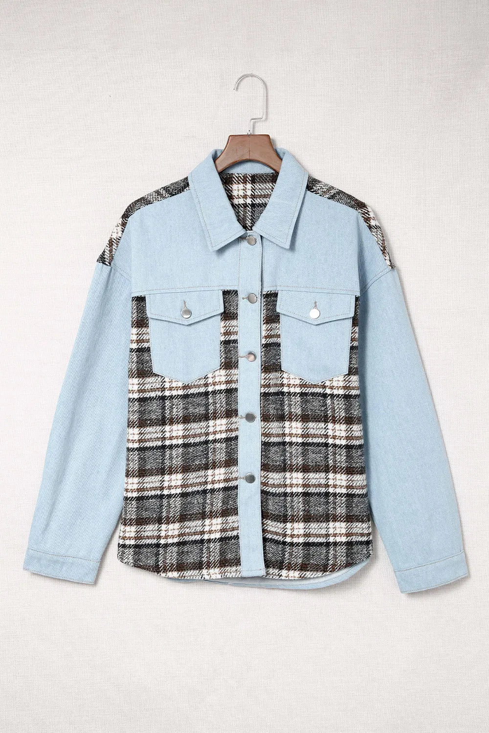 Plaid Button-Up Denim Jacket