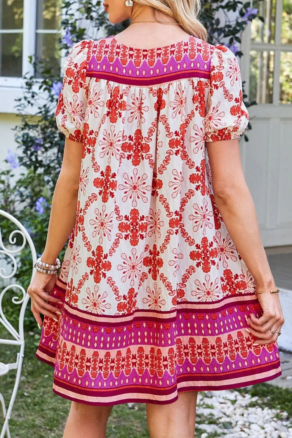 Hot Pink Boho Floral Tie-Neck Mini Dress