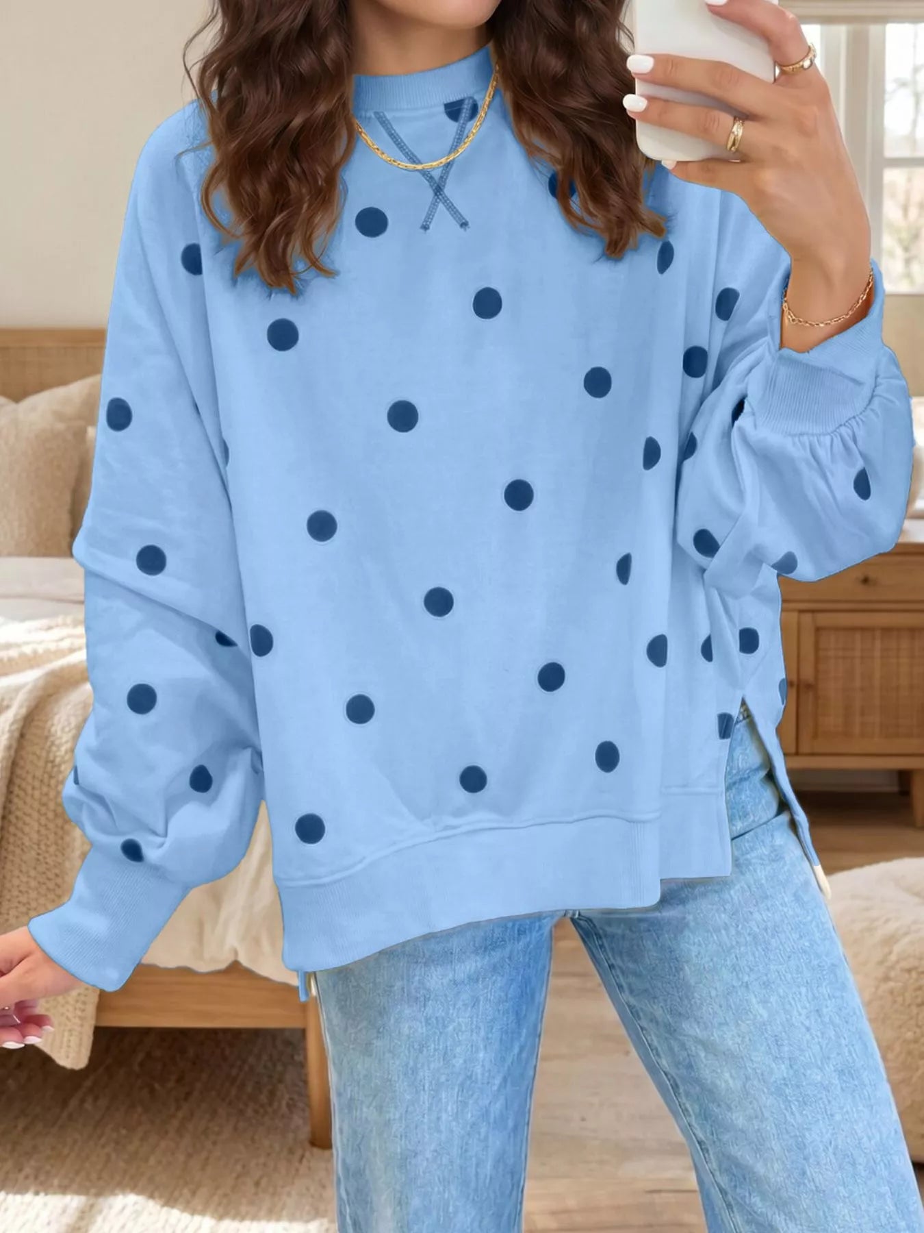 Side Slit Polka Dot Sweatshirt