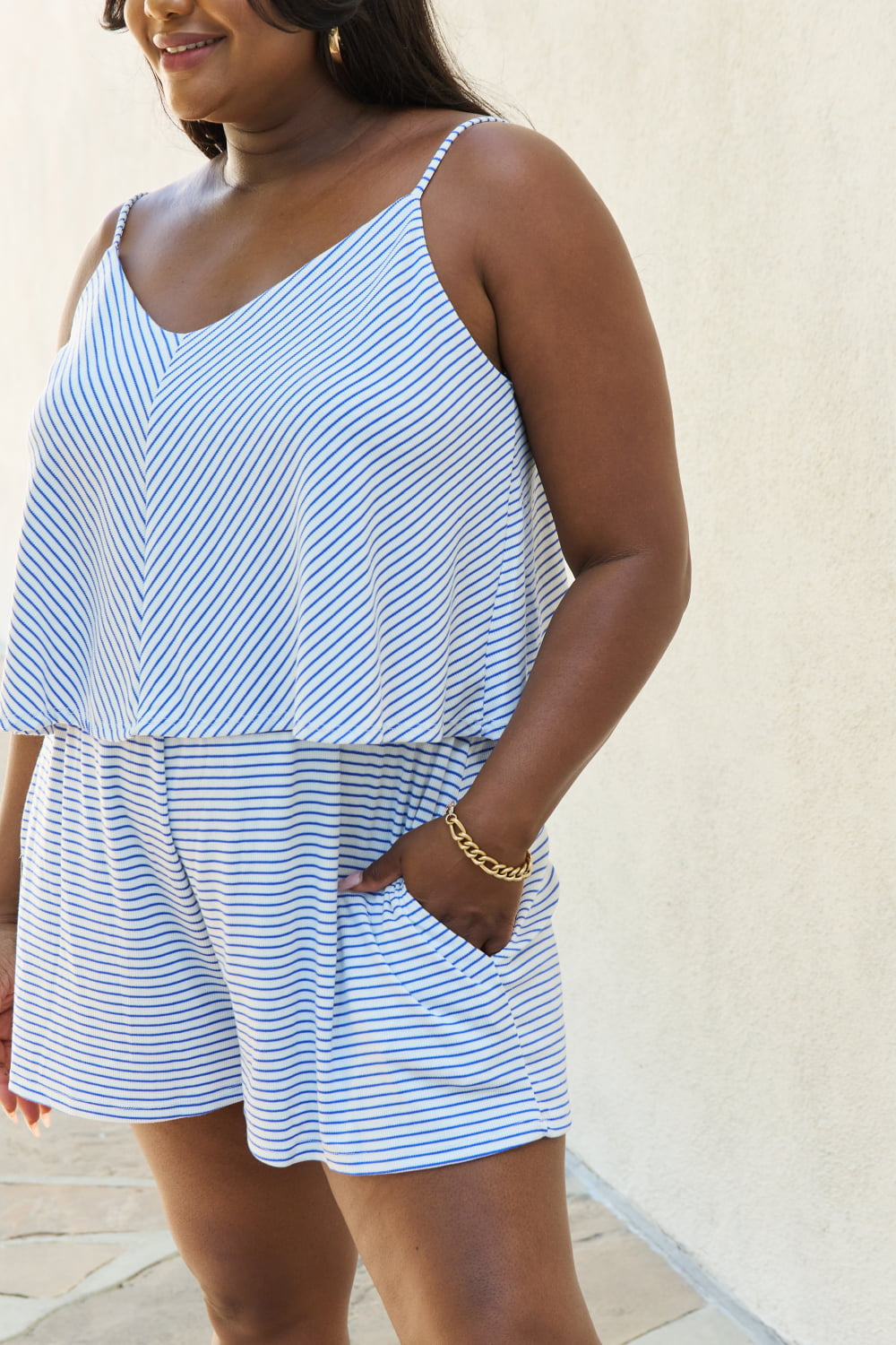 Culture Code Double Flare Striped Romper in Cobalt Blue