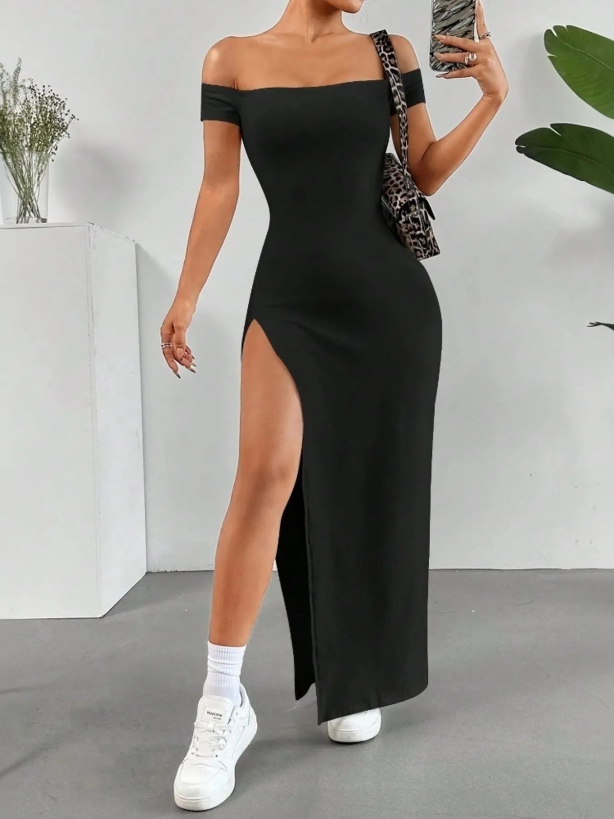 Off-Shoulder Bodycon Maxi Dress in Black