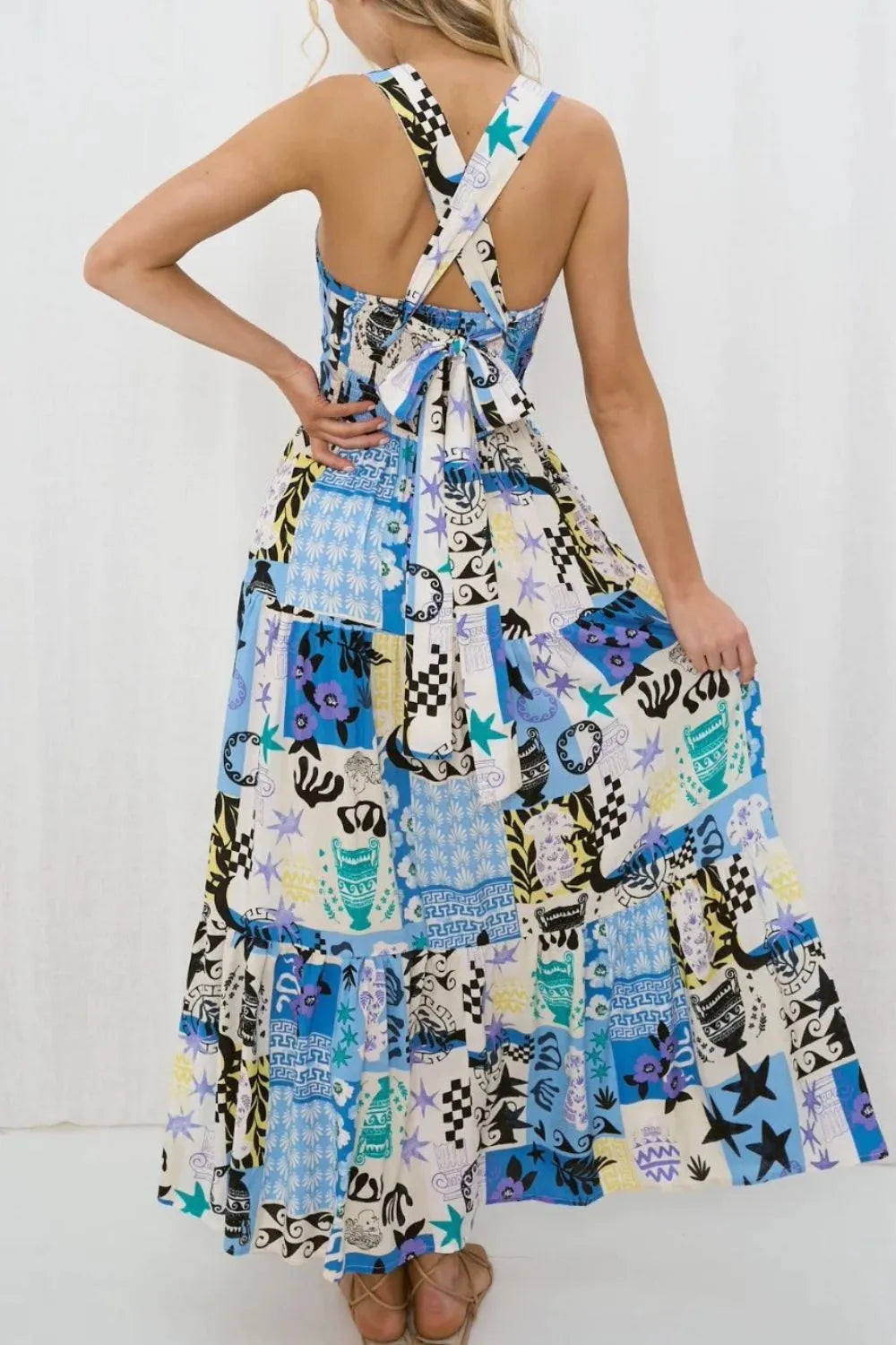 Printed Square Neck Wide Strap Maxi Dress by Shenori