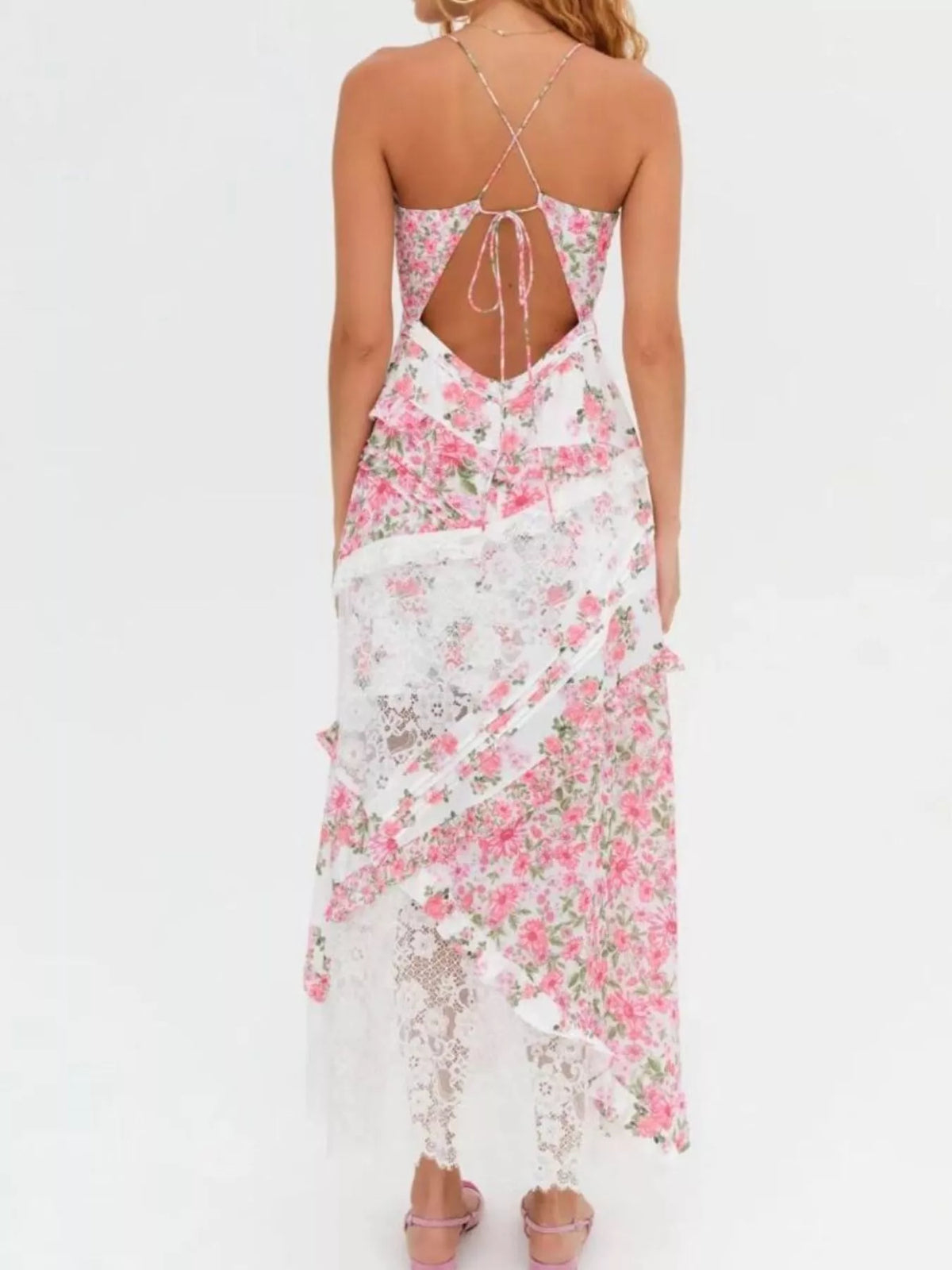 Lace Detail Ruffled V-Neck Maxi Dress
