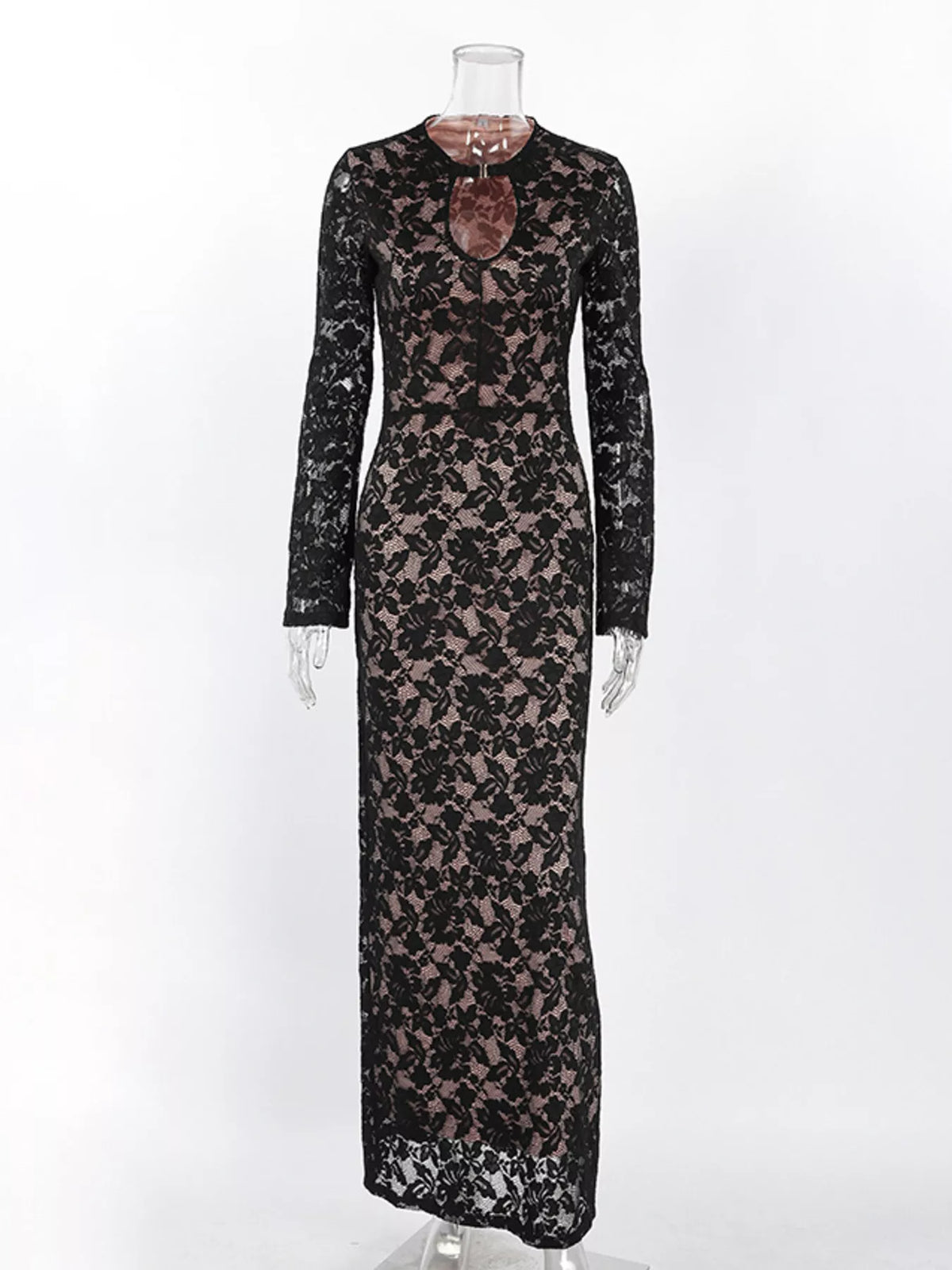 Lace Long-Sleeve Bodycon Maxi Dress in Black