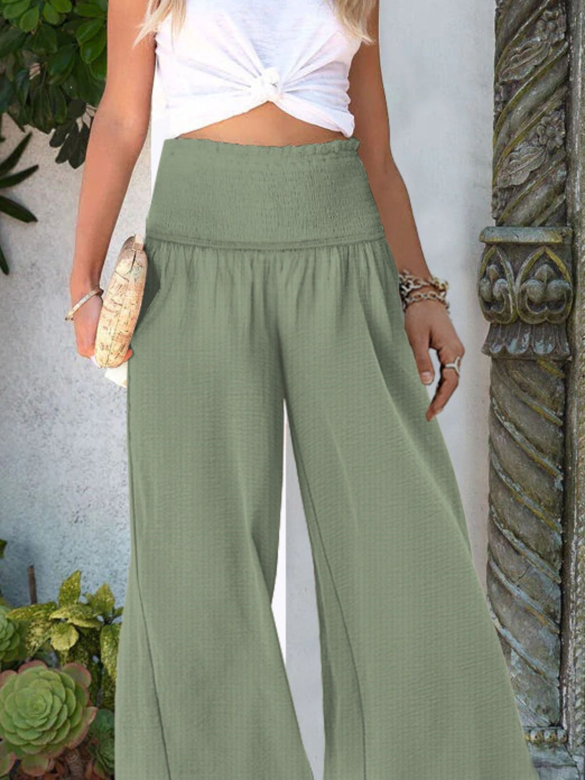 Smocked Waist Wide Leg Pants