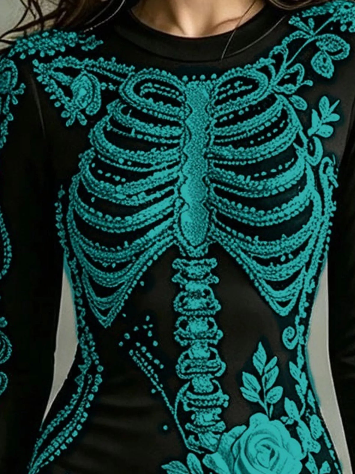 Skeleton Floral Long Sleeve Bodycon Dress