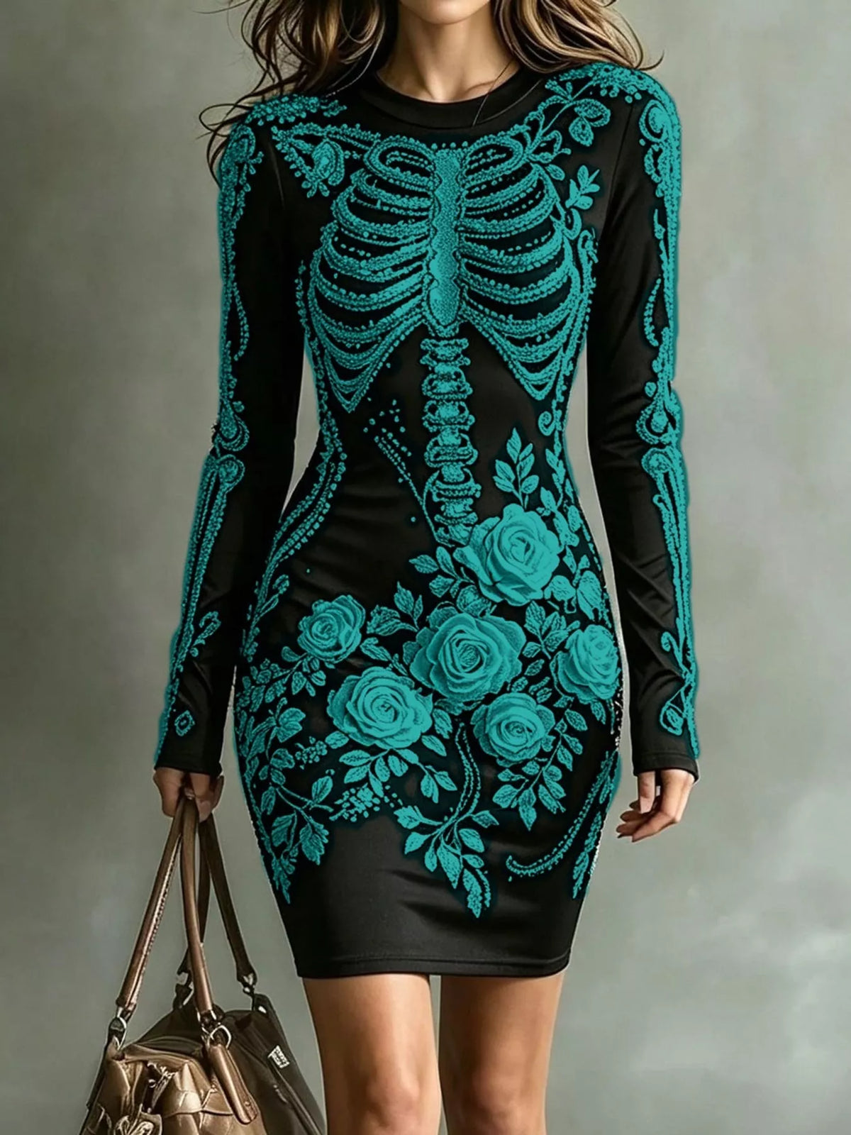Skeleton Floral Long Sleeve Bodycon Dress
