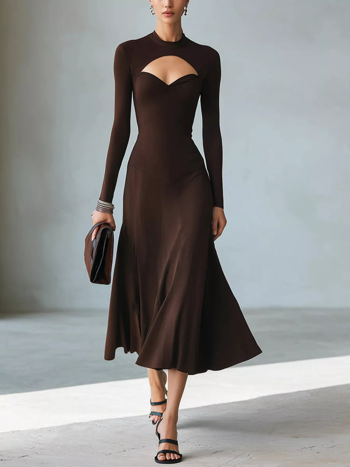 Mock Neck Cut-Out Long Sleeve Midi Dress