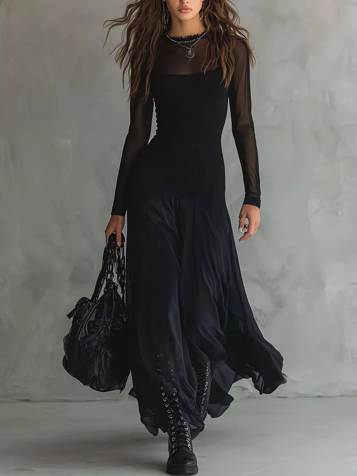 Sheer Mesh Long-Sleeve Maxi Dress in Black