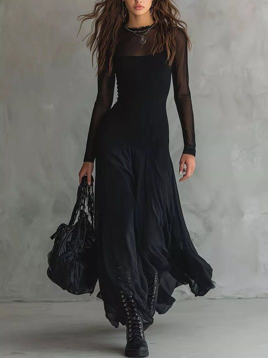 Sheer Mesh Long-Sleeve Maxi Dress in Black
