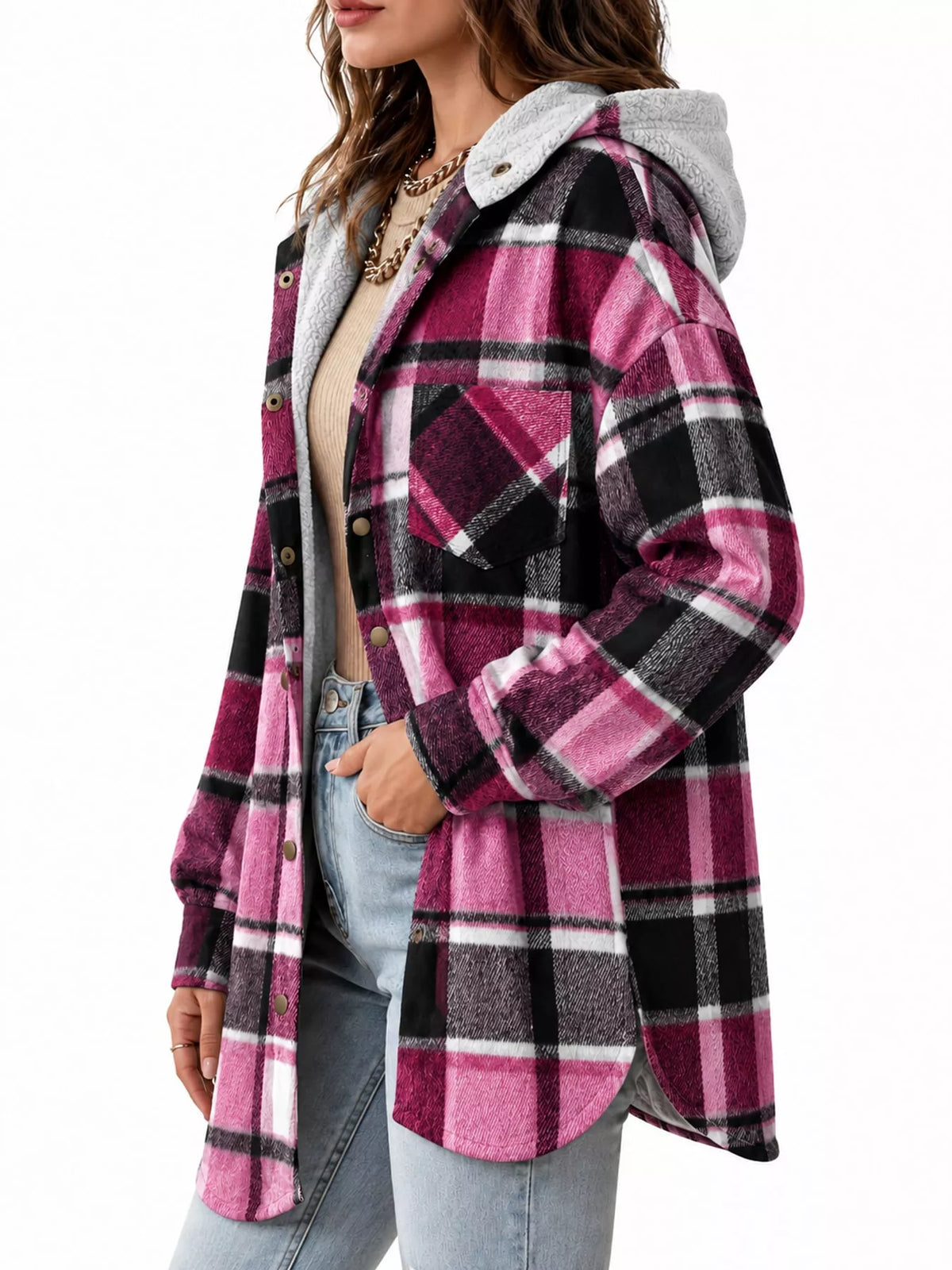 Plaid Hooded Button-Up Jacket