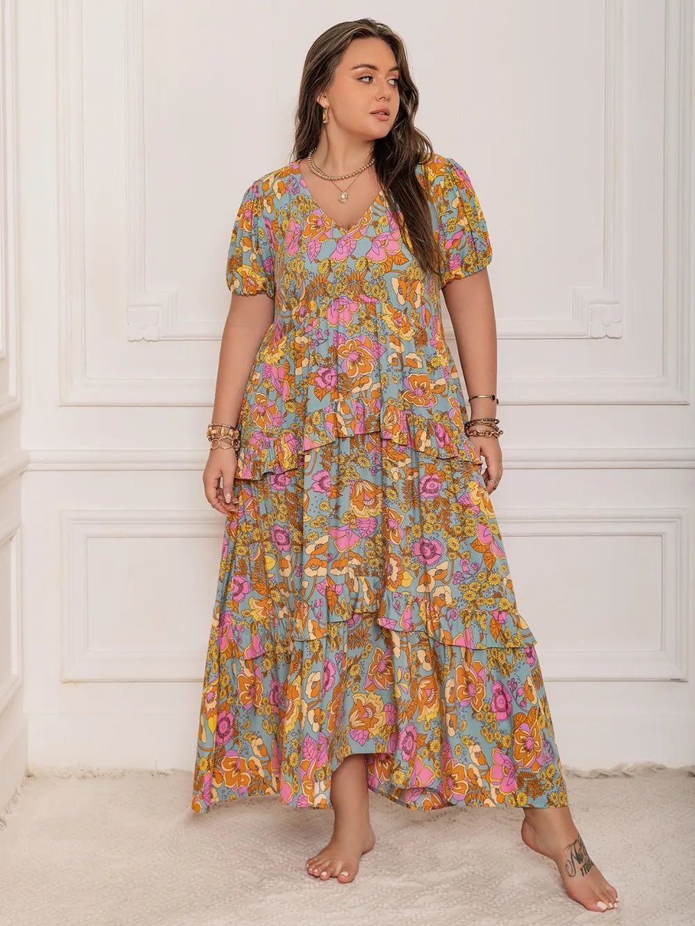 Printed V-Neck Short Sleeve Maxi Dress in Multicolor