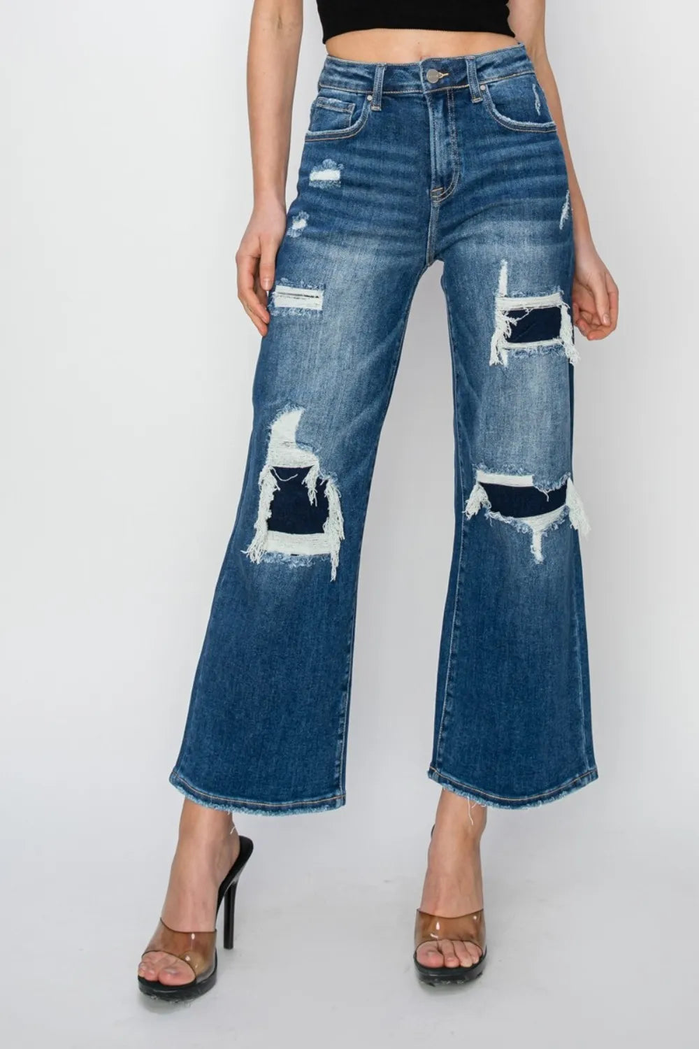 Risen High Rise Patch Detail Wide Leg Crop Jeans in Medium Wash