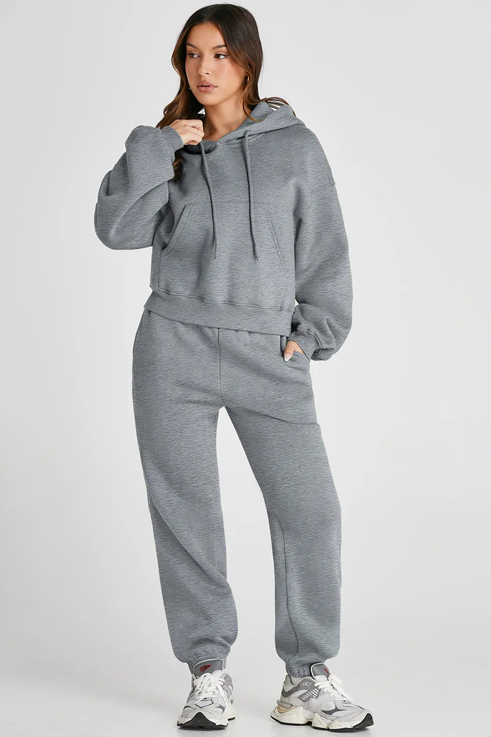 Dropped Shoulder Hooded Active Set in Gray