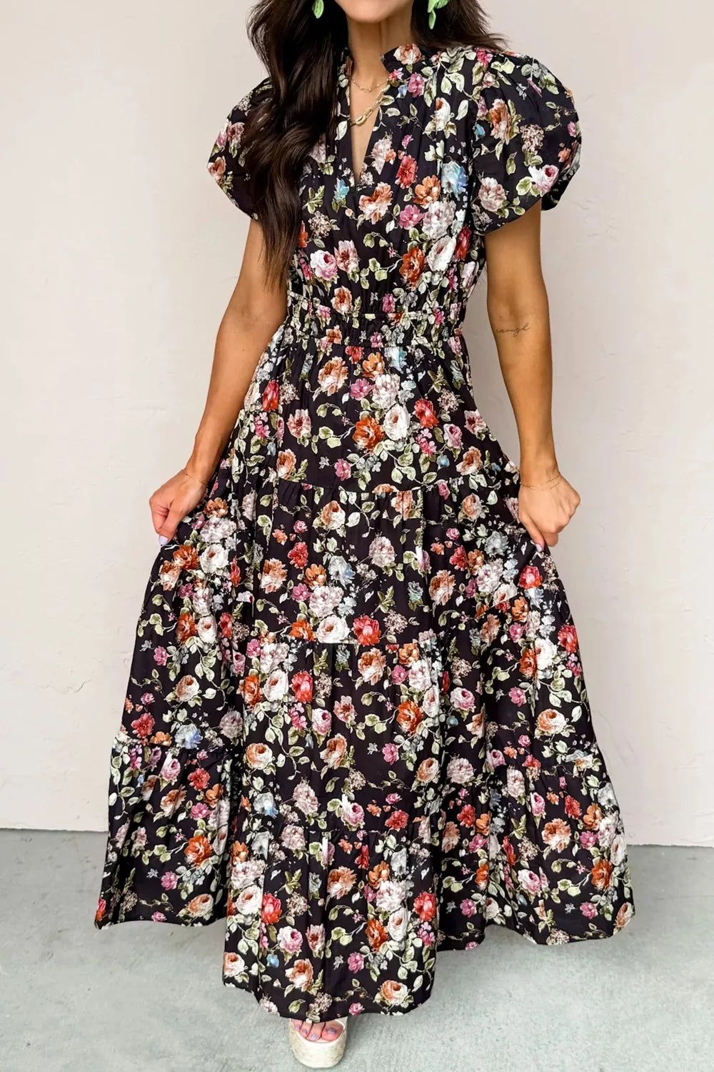 Floral Print Tiered Smocked-Waist Maxi Dress
