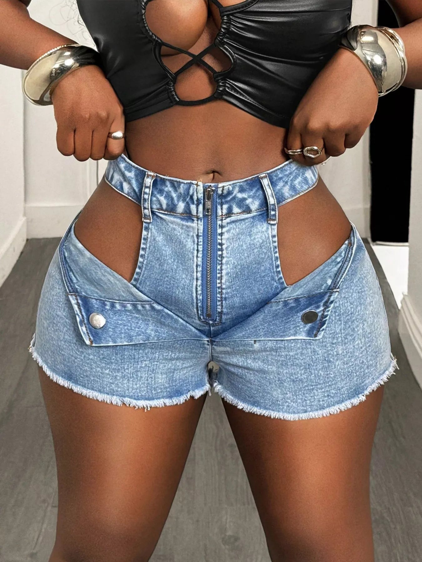 Cut-Out Denim Shorts with Frayed Hem in Blue