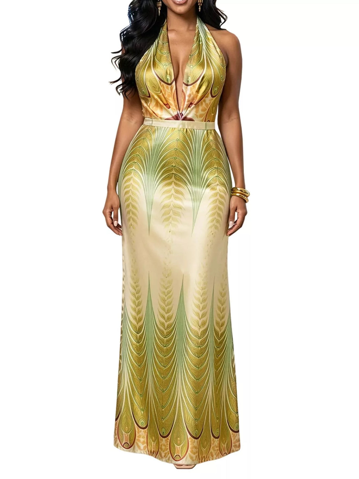 Halter Neck Maxi Dress with Gradient Leaf Print in Yellow-Green