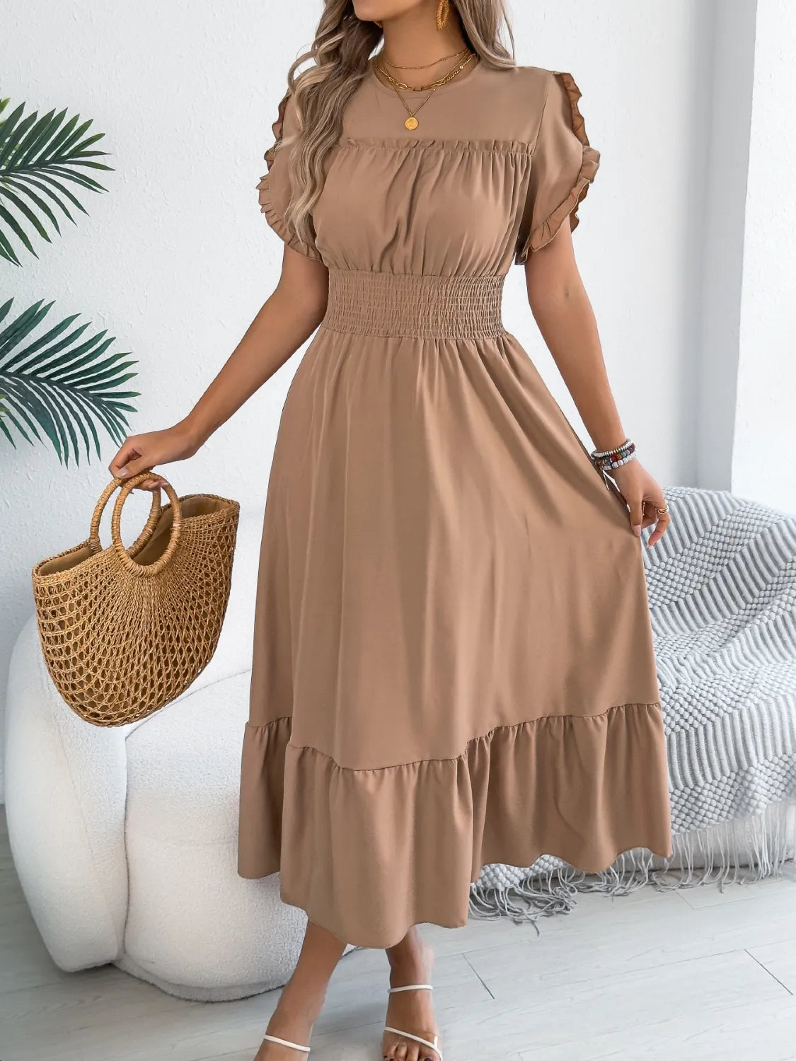 Smocked Frill Round Neck Midi Dress