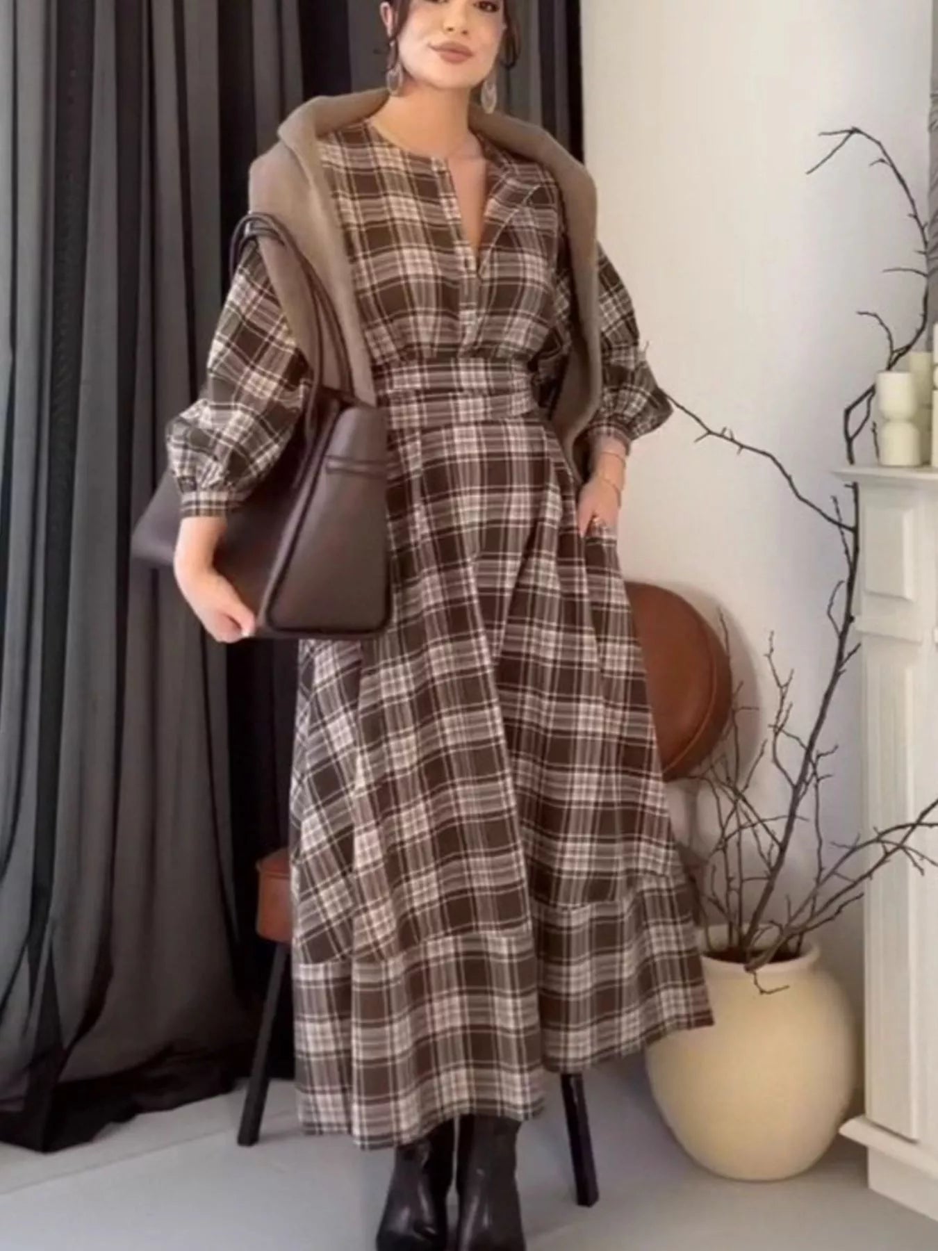 Plaid Puff Sleeve Midi Dress