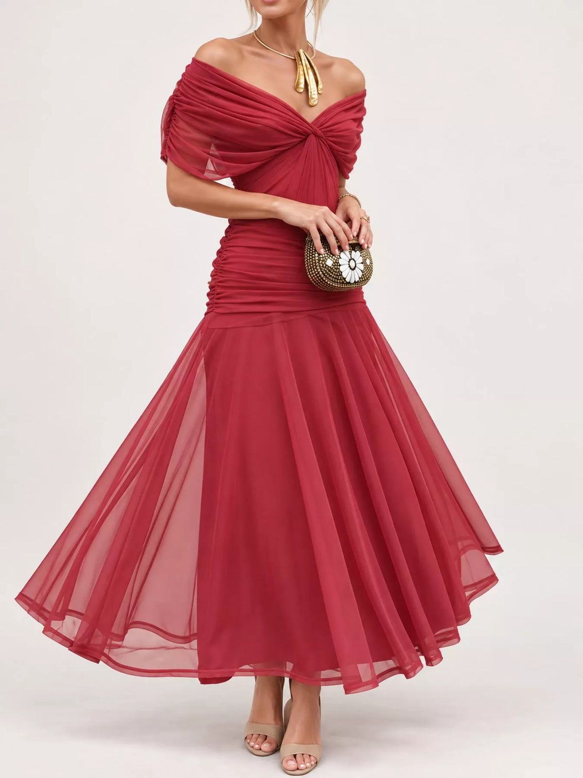 Off-Shoulder Ruched Tulle Evening Maxi Dress