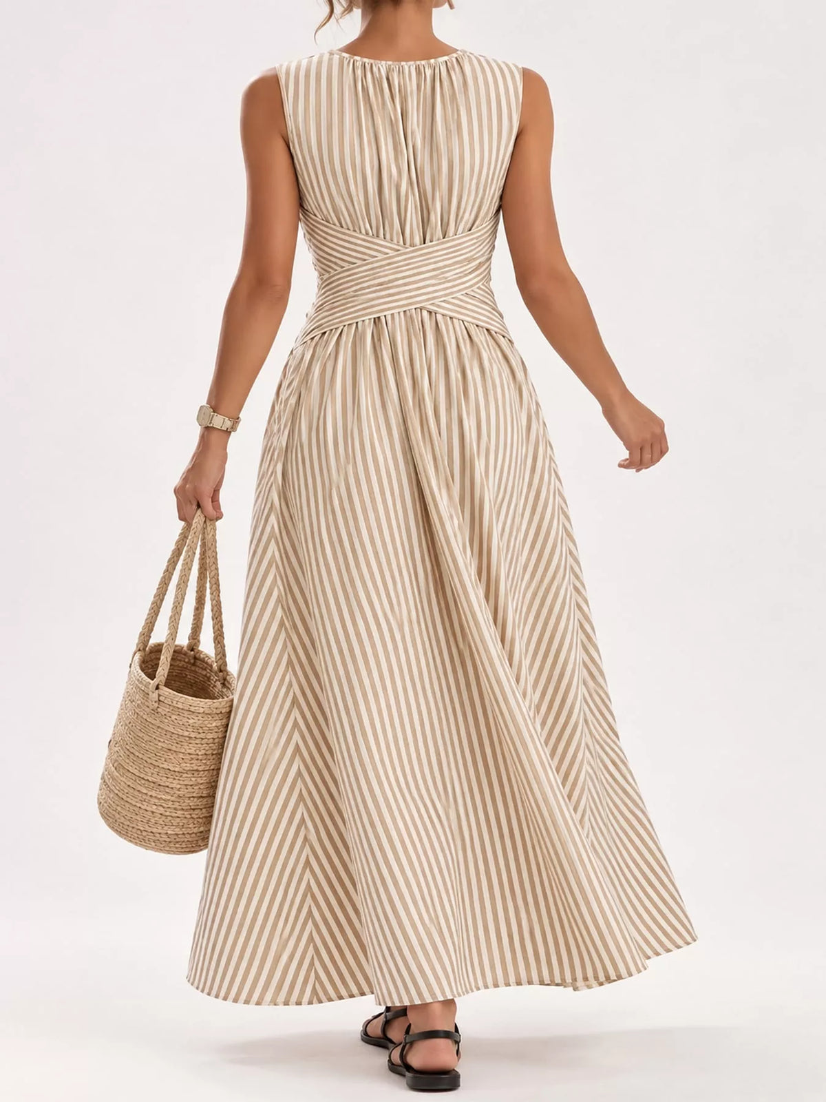 Sleeveless Striped Maxi Dress with Criss-Cross Waist