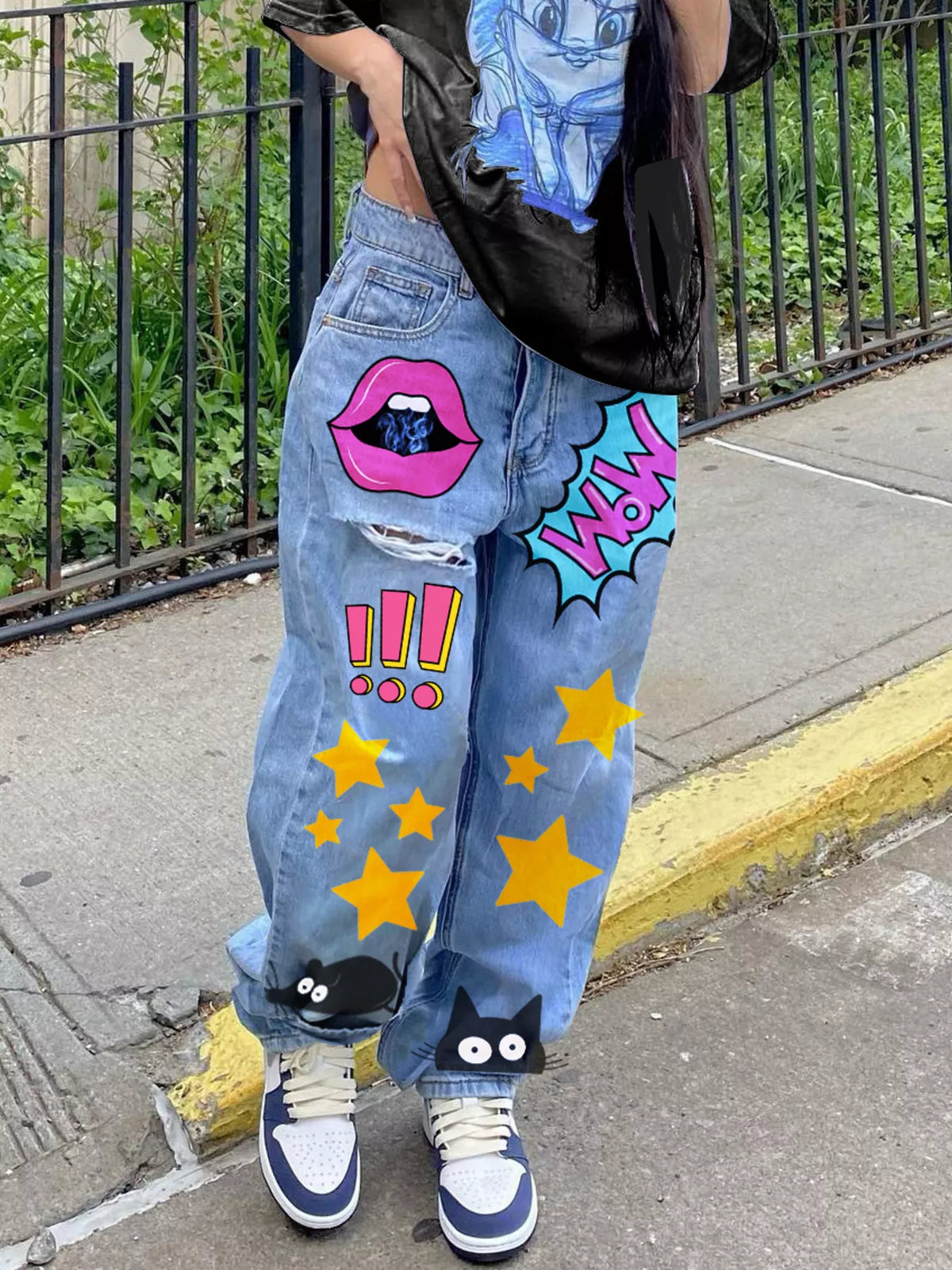 Pop Art Print Loose Fit Jeans in Light Blue
