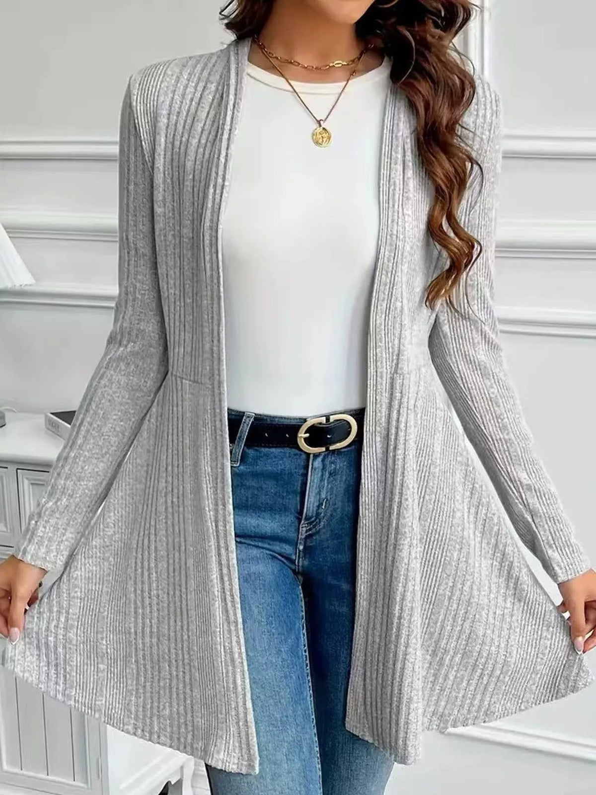 Ribbed Knit Open-Front Cardigan