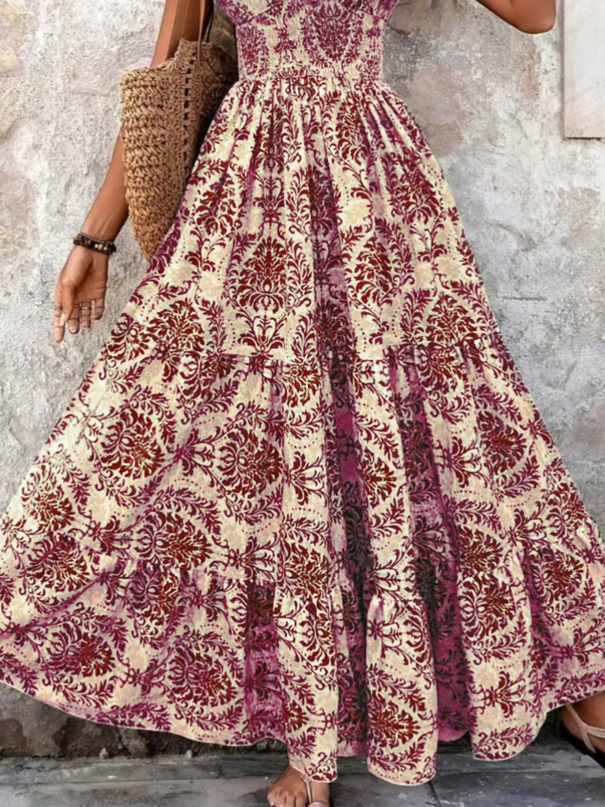 Smocked V-Neck Tiered Maxi Dress