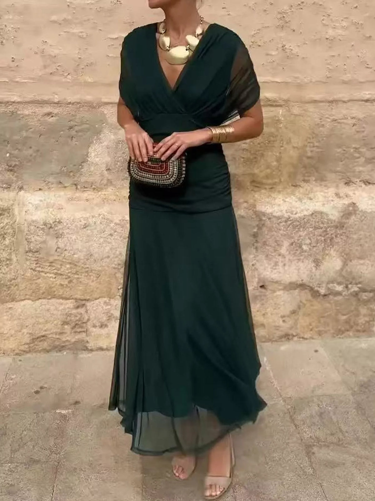 Off-Shoulder Mesh Ruched Maxi Dress, Plus Size