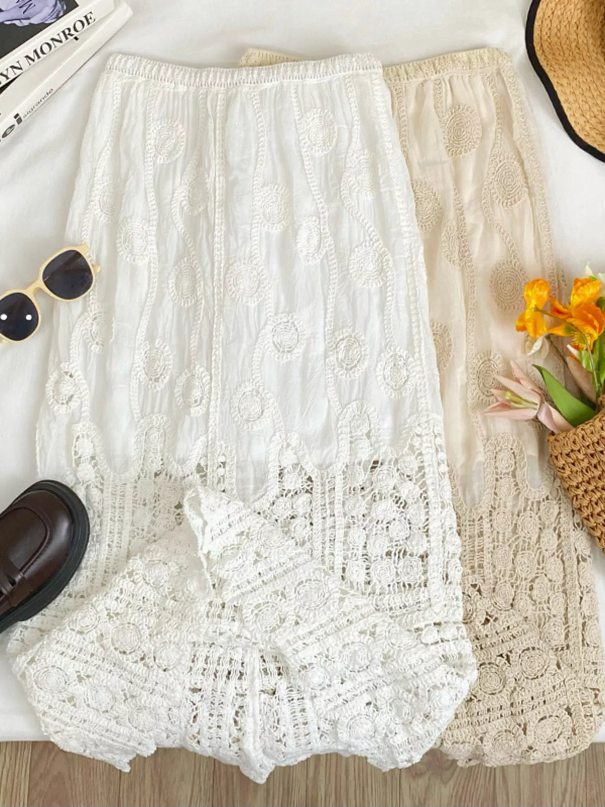 Lace Elastic-Waist Midi Skirt