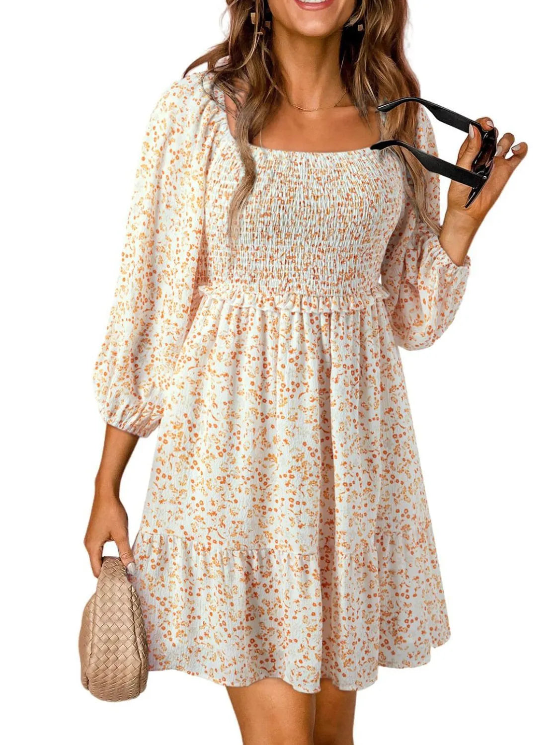 Smocked Floral Square Neck Dress in Apricot