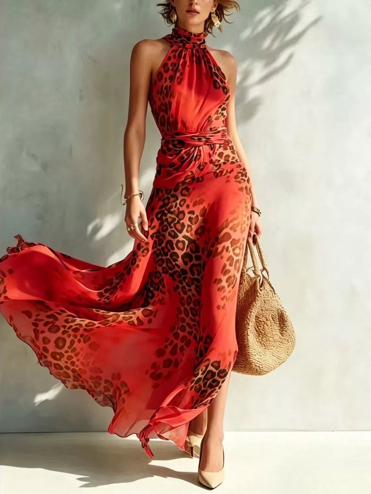 Leopard Print Sleeveless Maxi Dress by Kaelinne
