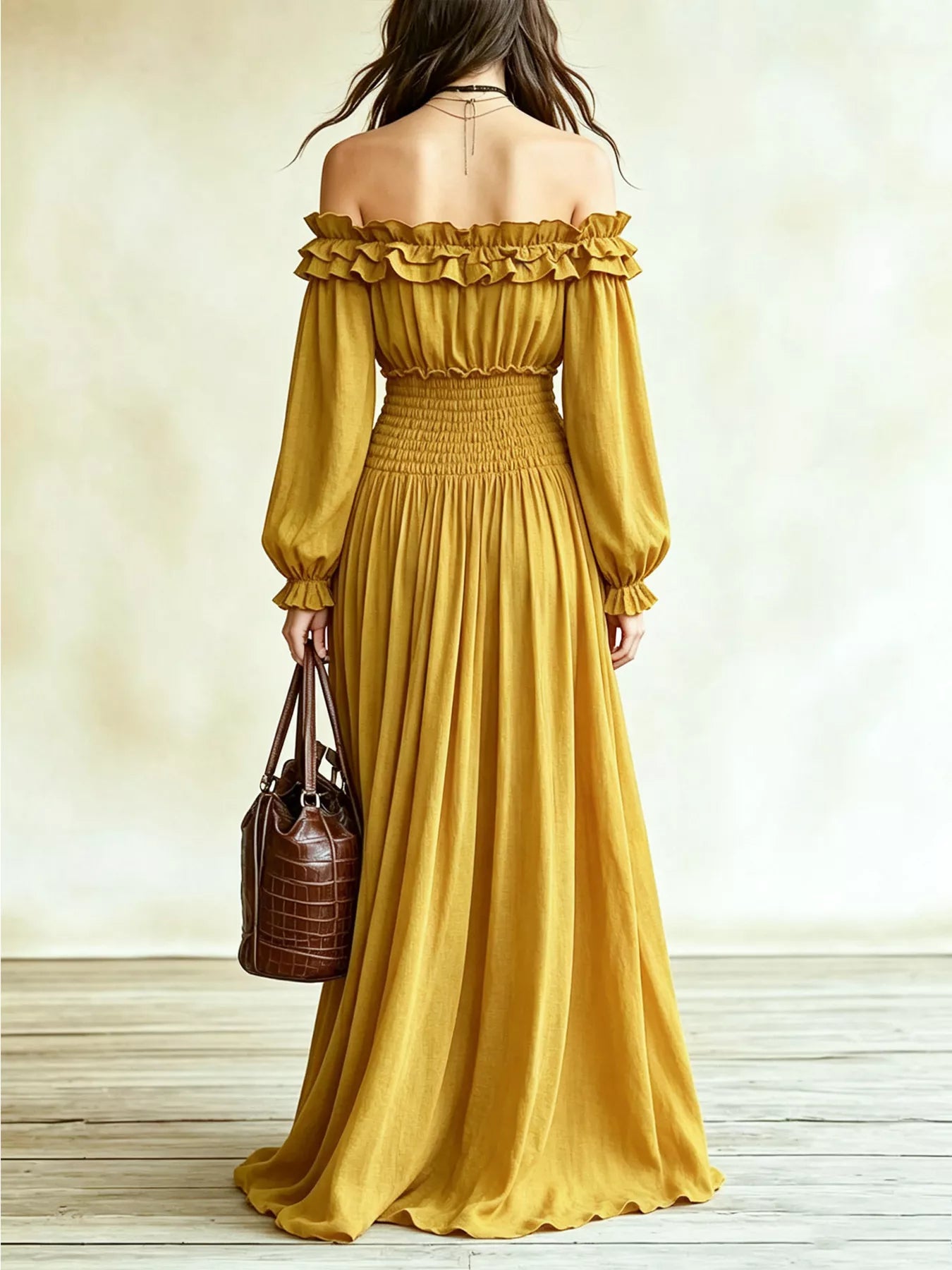 Off-Shoulder Smocked-Waist Maxi Dress