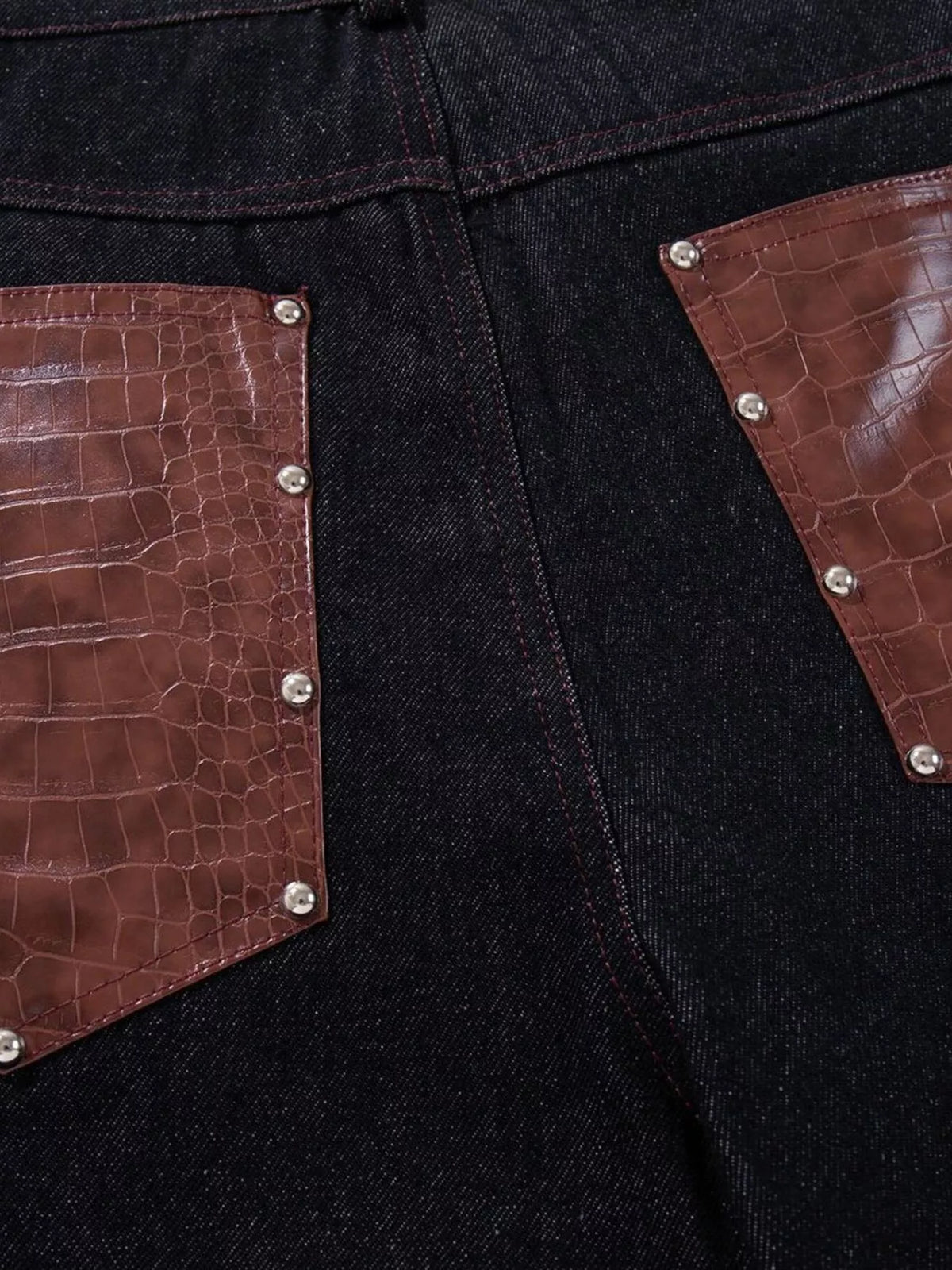Faux Leather Paneled Button Fly Jeans in Black by TrendMaster