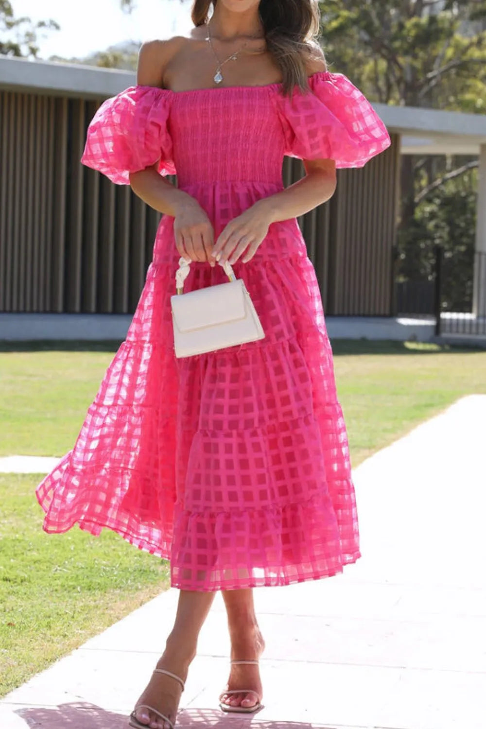 Off Shoulder Puff Sleeve Midi Dress
