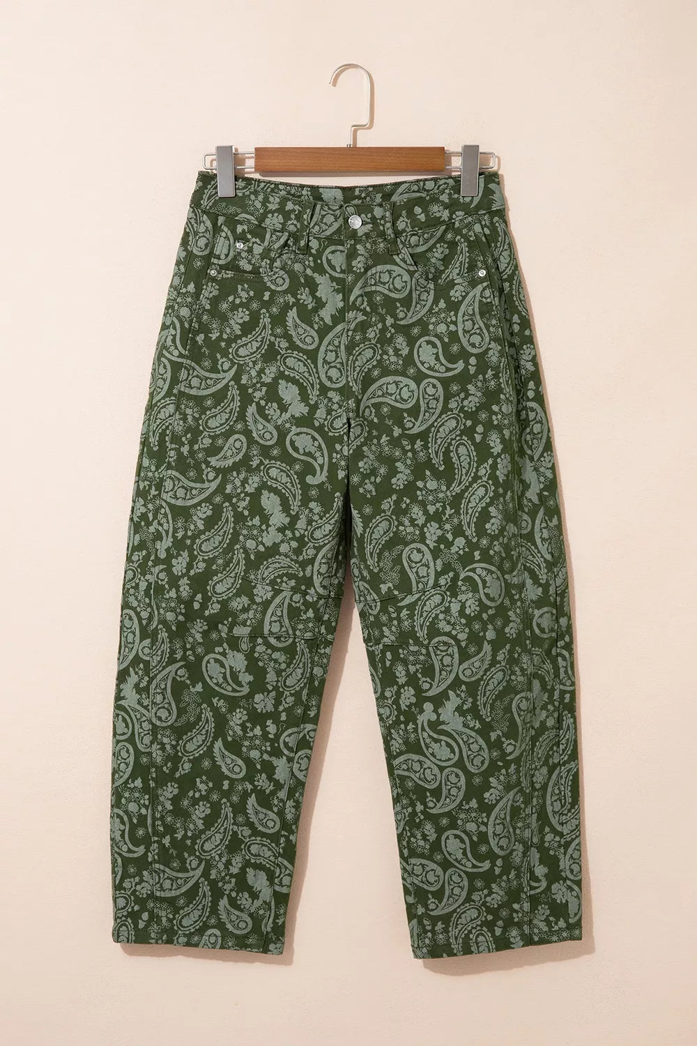 Paisley Print Harem Denim Pants in Dark Green