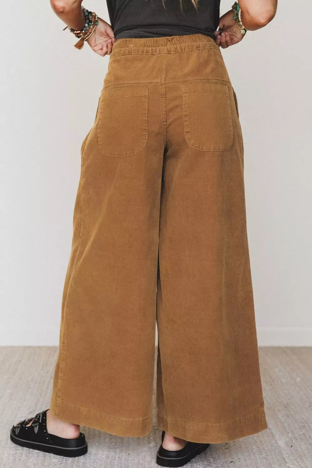 Button-Placket Wide Leg Ankle Pants in Camel