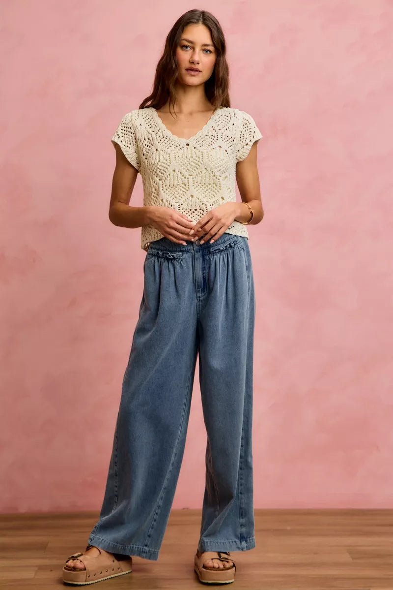 So Me Ruffled Front Wide Leg Jeans in Denim