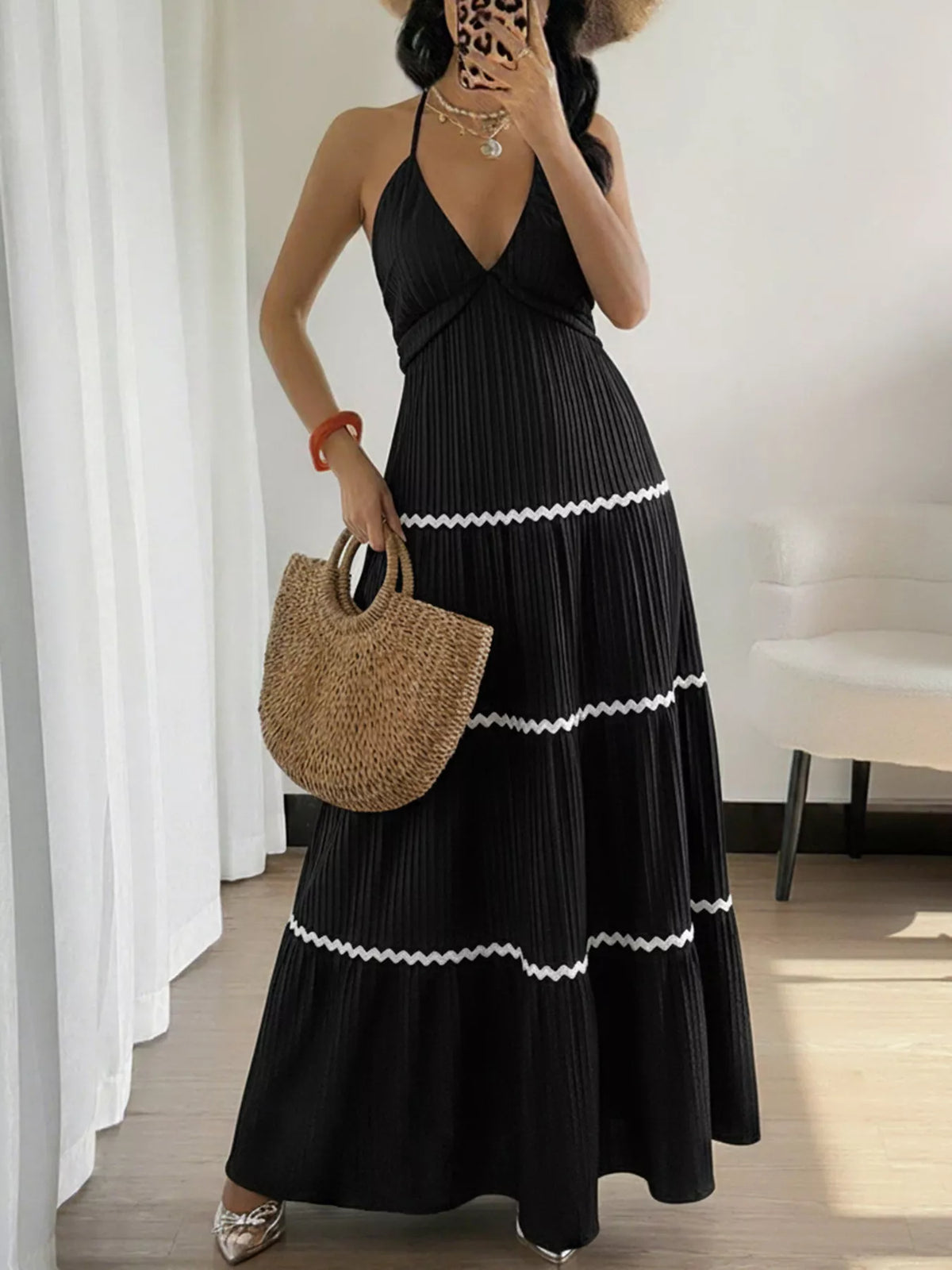 Halter Neck Pleated Maxi Dress in Black