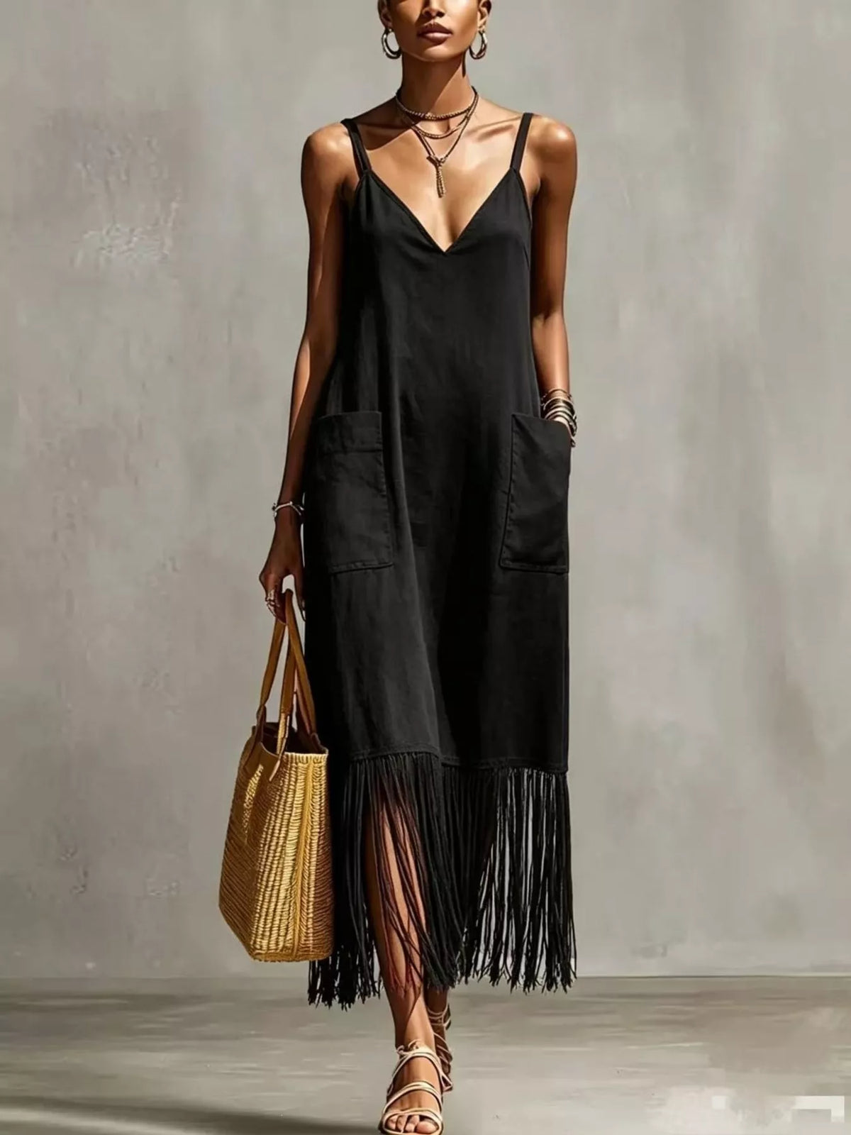 Fringe V-Neck Spaghetti Strap Dress in Blue