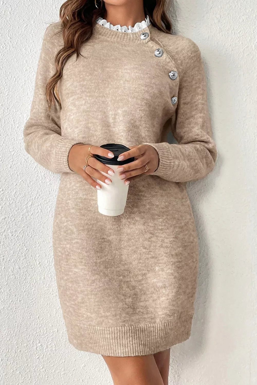 Ribbed Hem Raglan Sleeve Sweater Dress in Tan